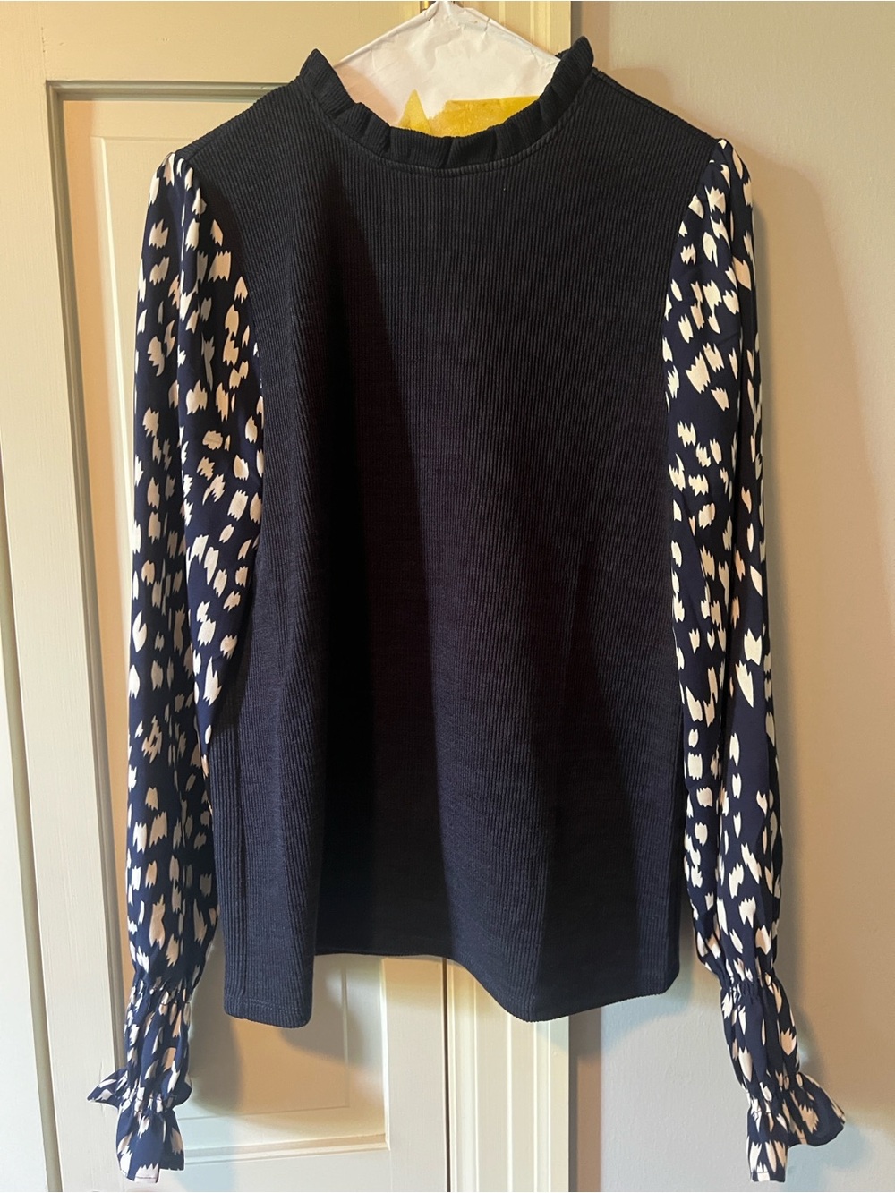 THML Navy Knit Top with White Printed Balloon Sleeves